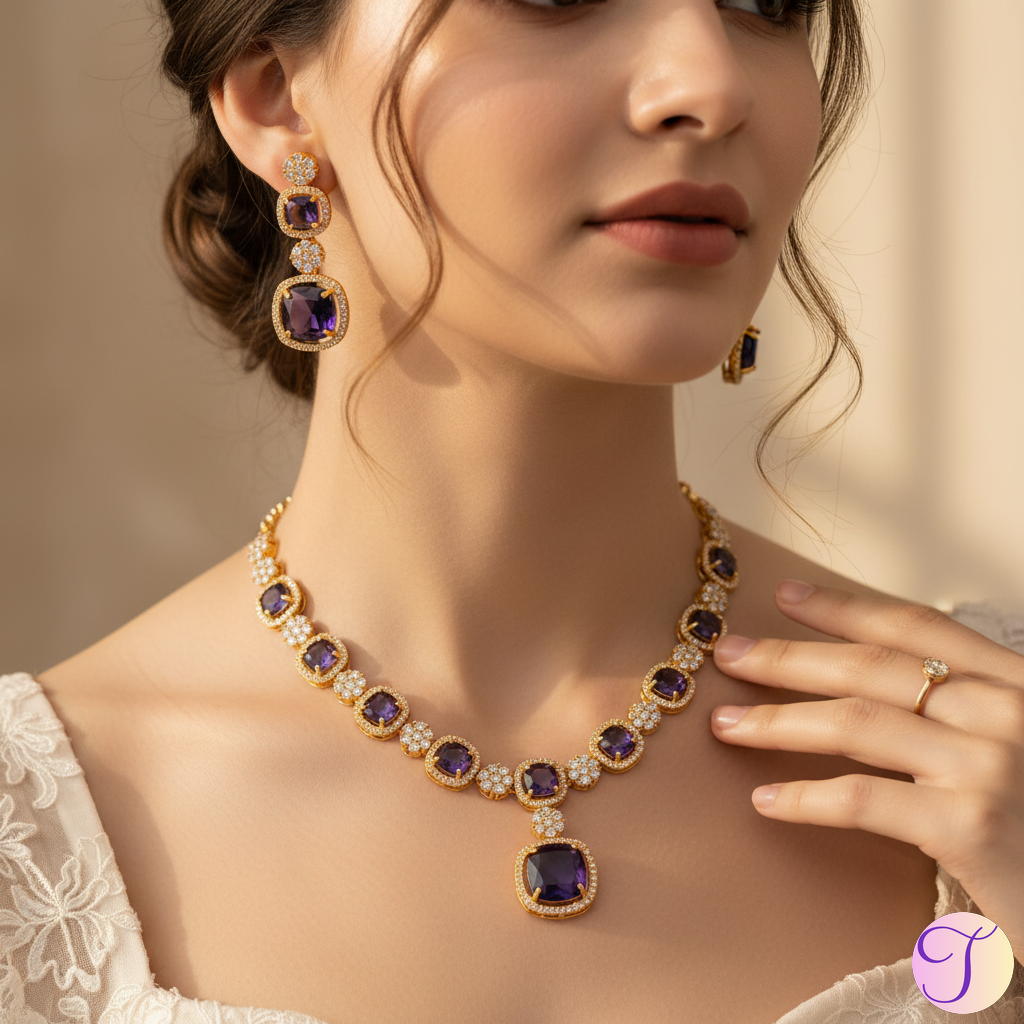 Amethyst Allure American Diamond Golden Necklace Set