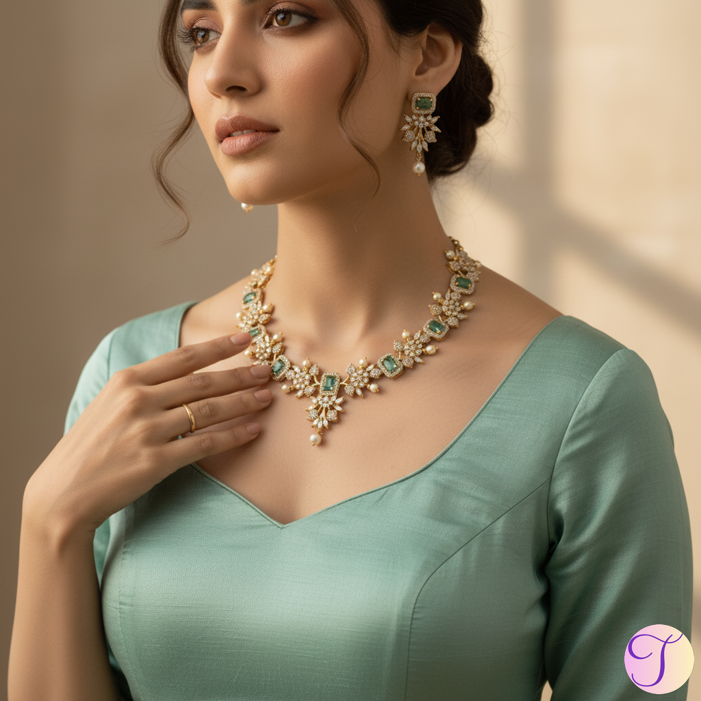 Aqua Cluster American Diamond Golden Necklace Set (Aqua Green)