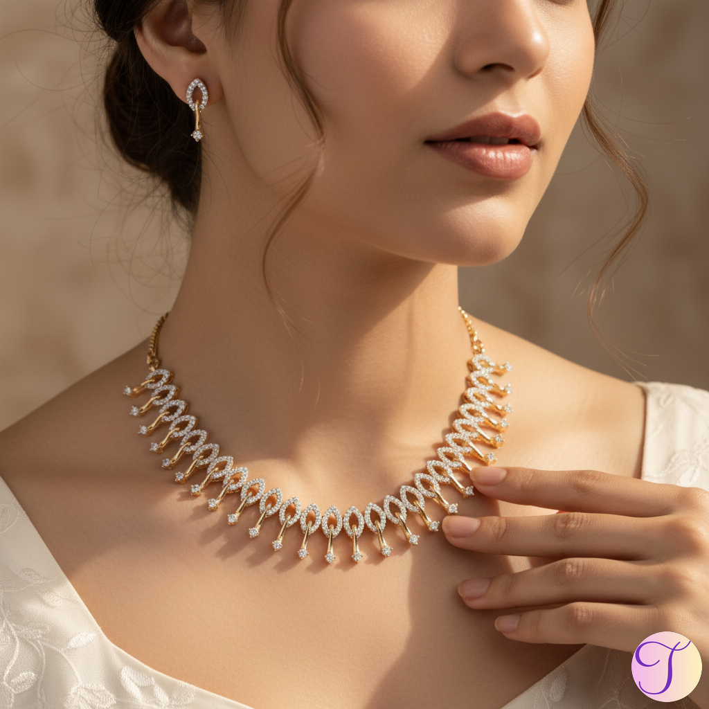 Aurora Droplets American Diamond Golden Necklace Set