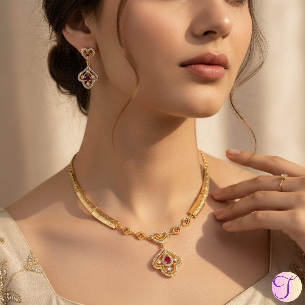 Crimson Radiance American Diamond Golden Necklace Set