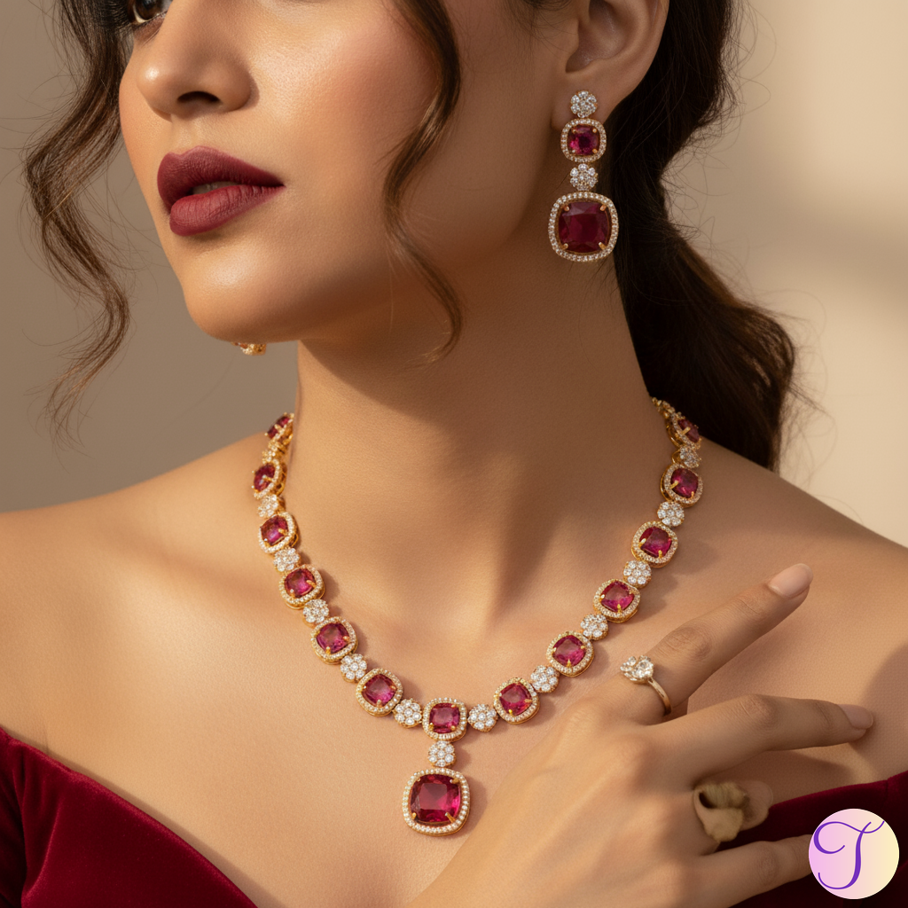 Crimson Royale American Diamond Golden Necklace Set