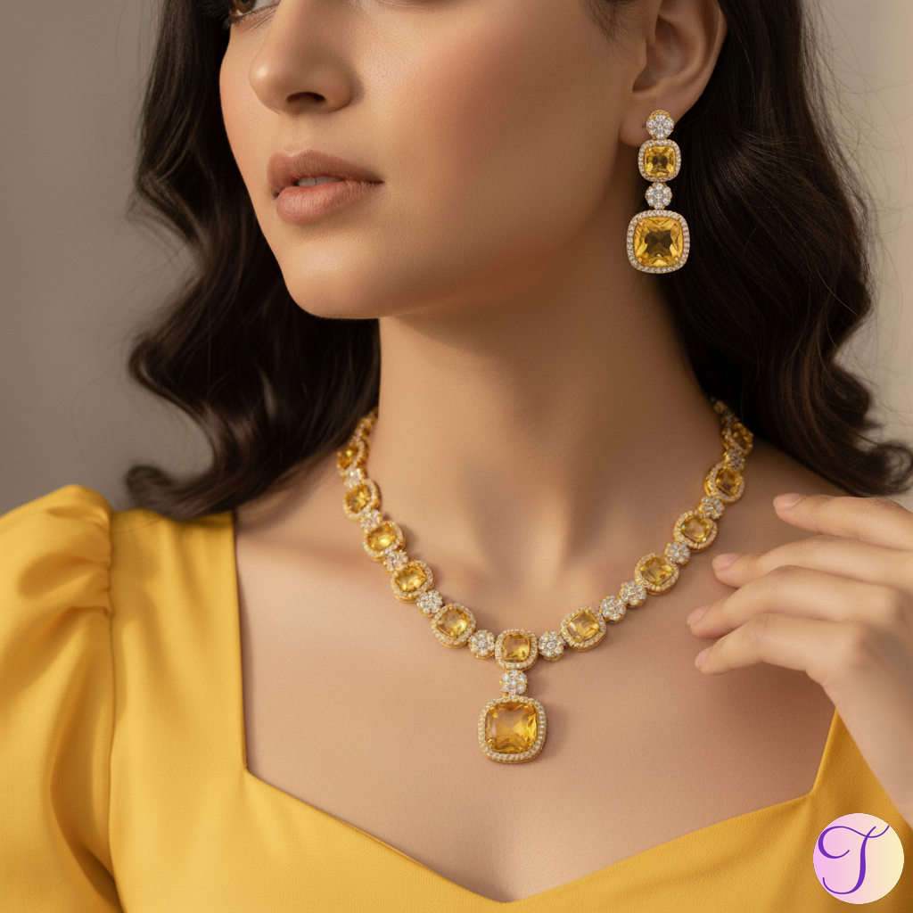 Dazzling Sunshine American Diamond Golden Necklace Set