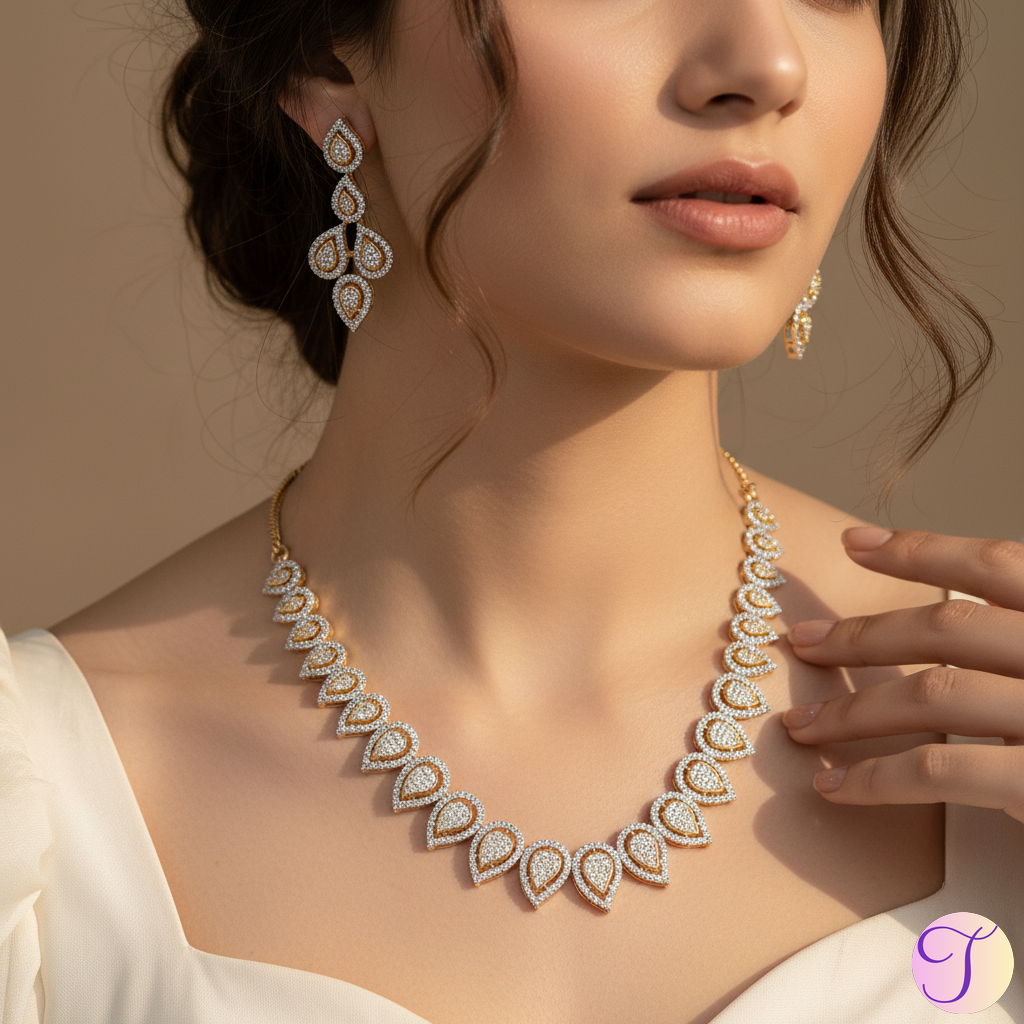 Dewdrop Dazzle American Diamond Golden Necklace Set