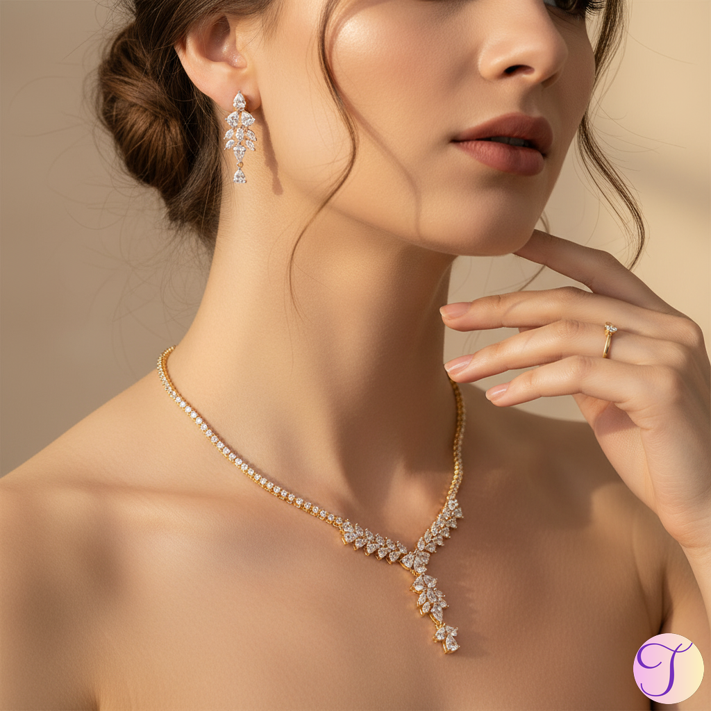 Diamond Vines American Diamond Golden Necklace Set