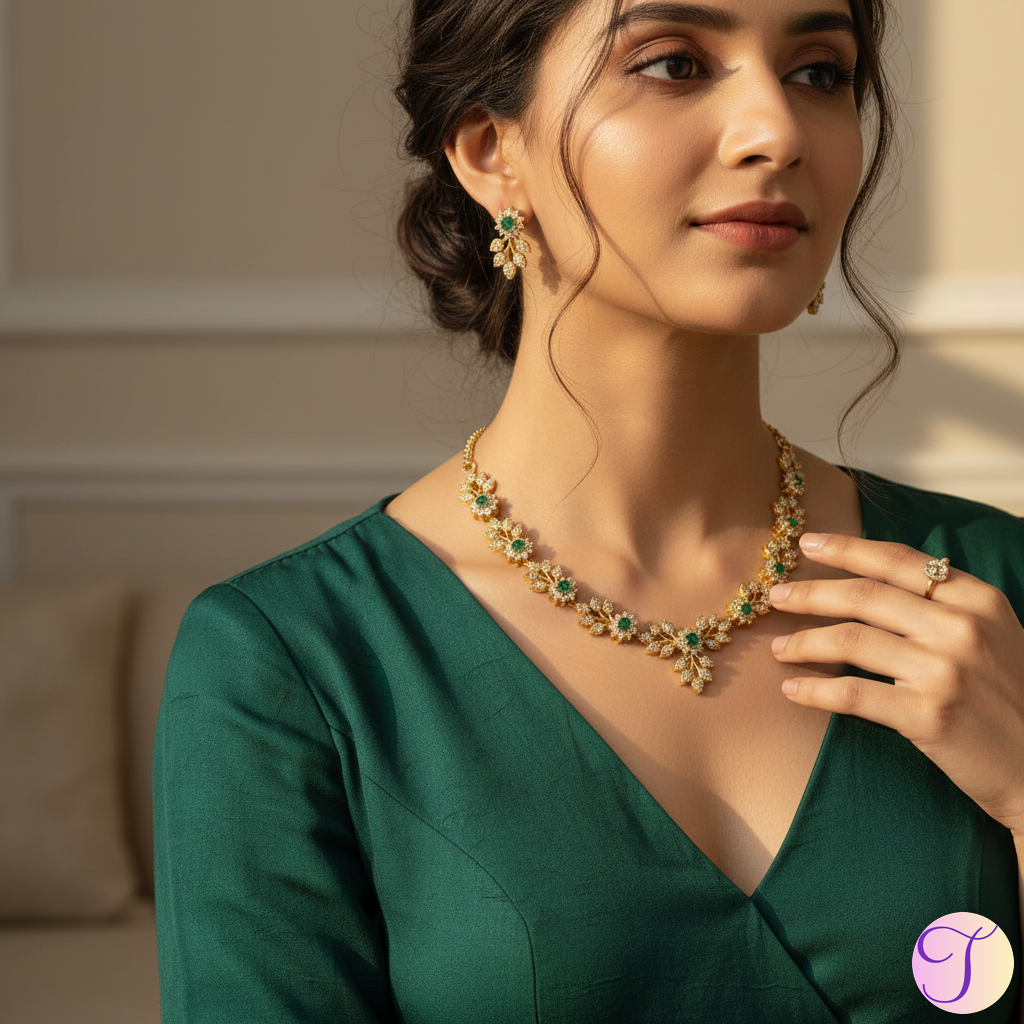 Emerald Bloom American Diamond Golden Necklace Set (Green)