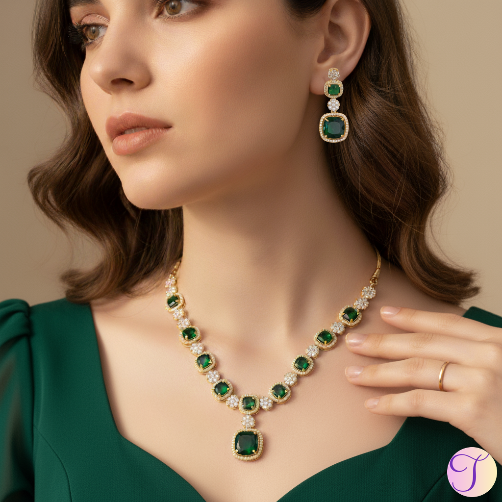 Emerald Empress American Diamond Golden Necklace Set