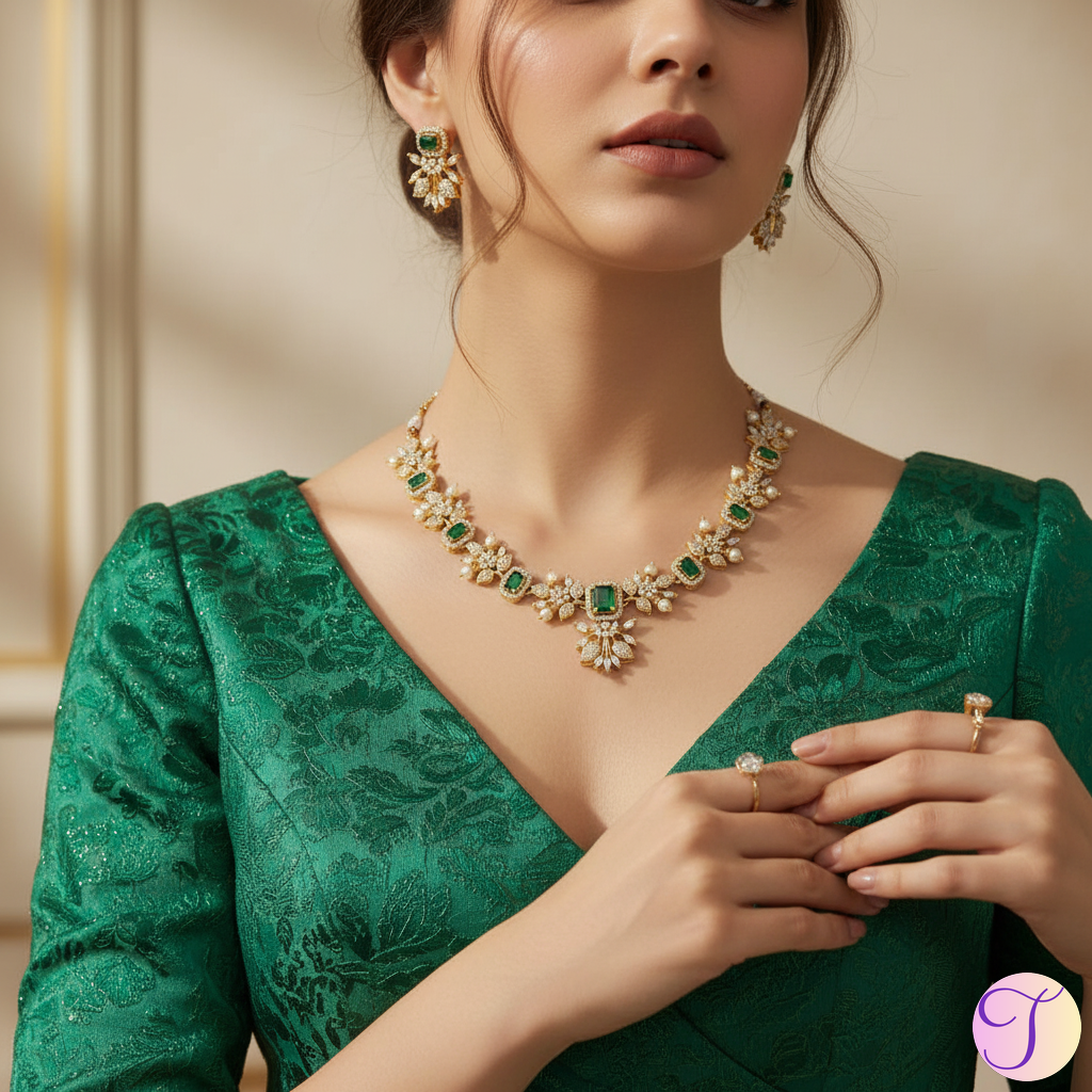 Enchanted Emeralds American Diamond Golden Necklace Set (Green)