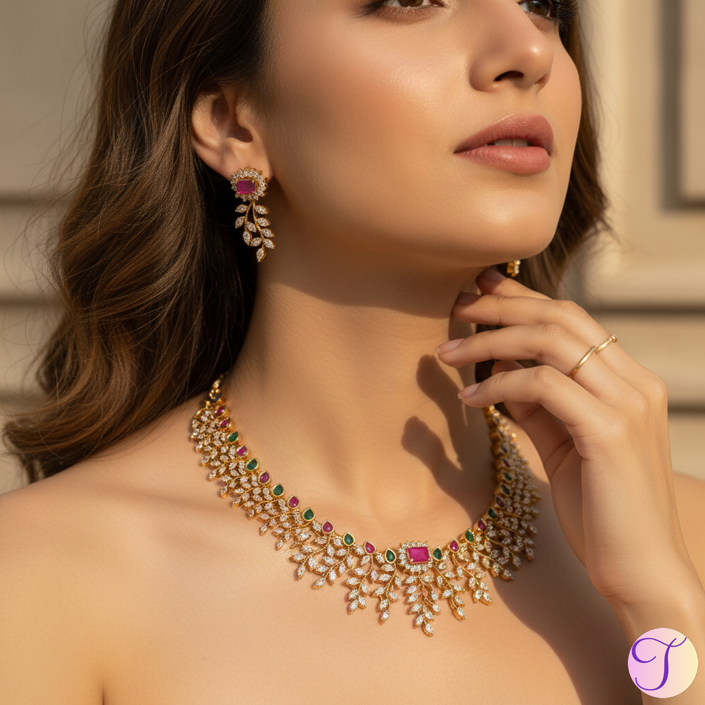 Gardenia Gleam American Diamond Golden Necklace Set (Multicolored)