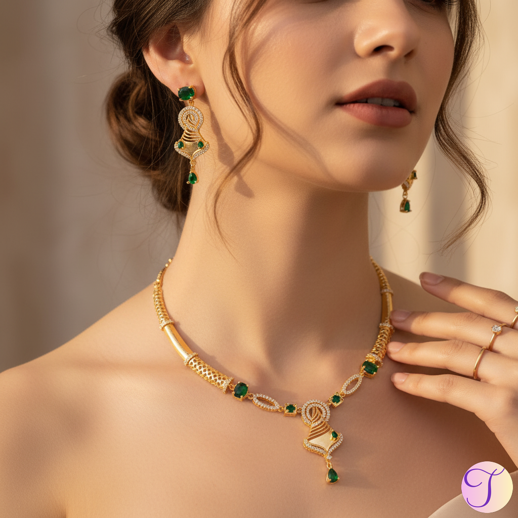 Green Serenity American Diamond Golden Necklace Set