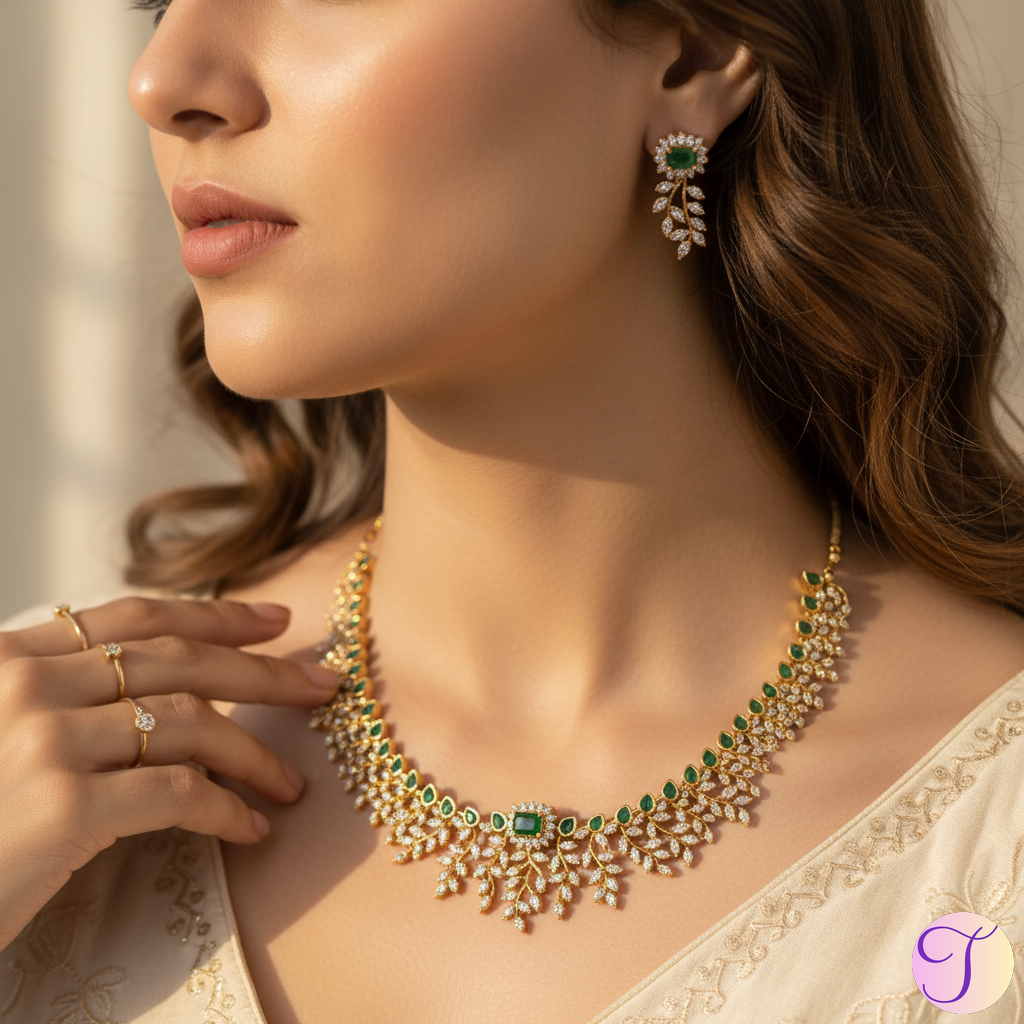 Imperial Emeralds American Diamond Golden Necklace Set (Green)