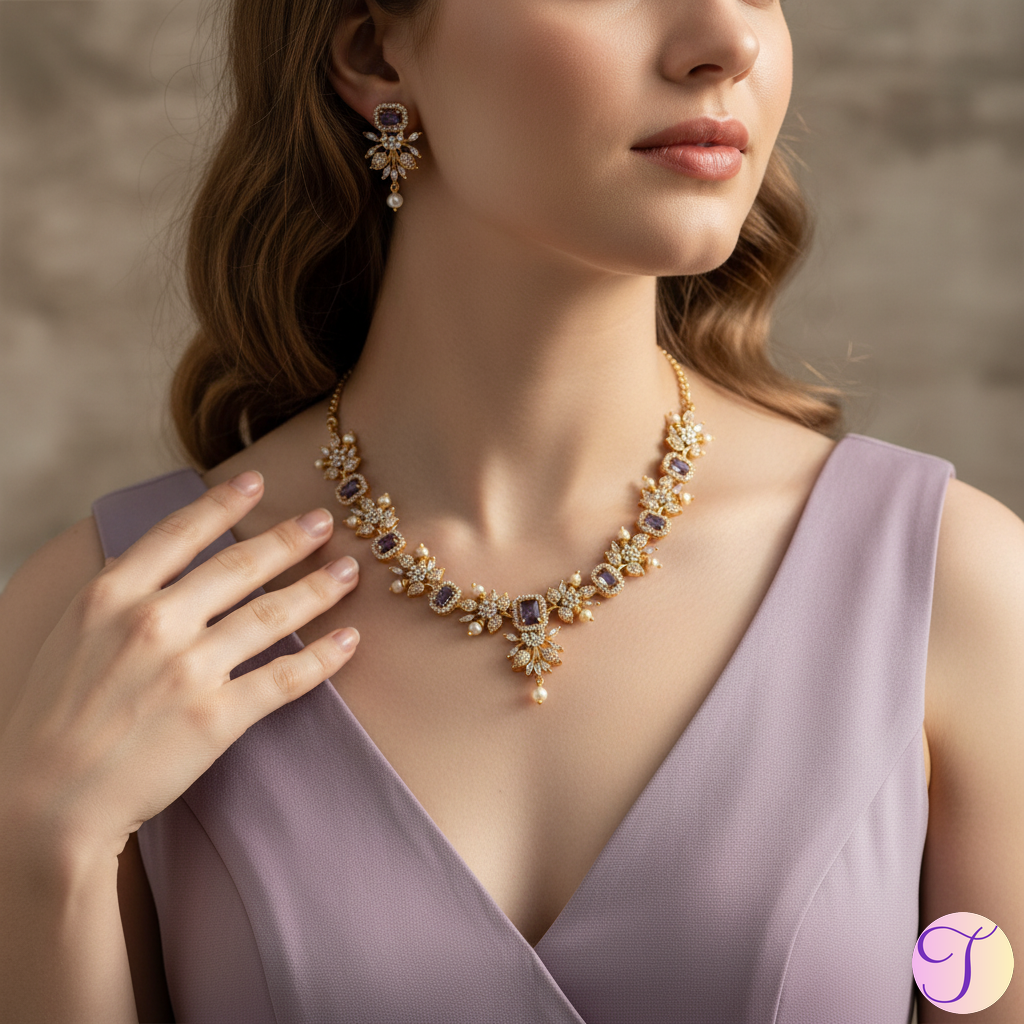 Lilac Lumina American Diamond Golden Necklace Set (Purple)