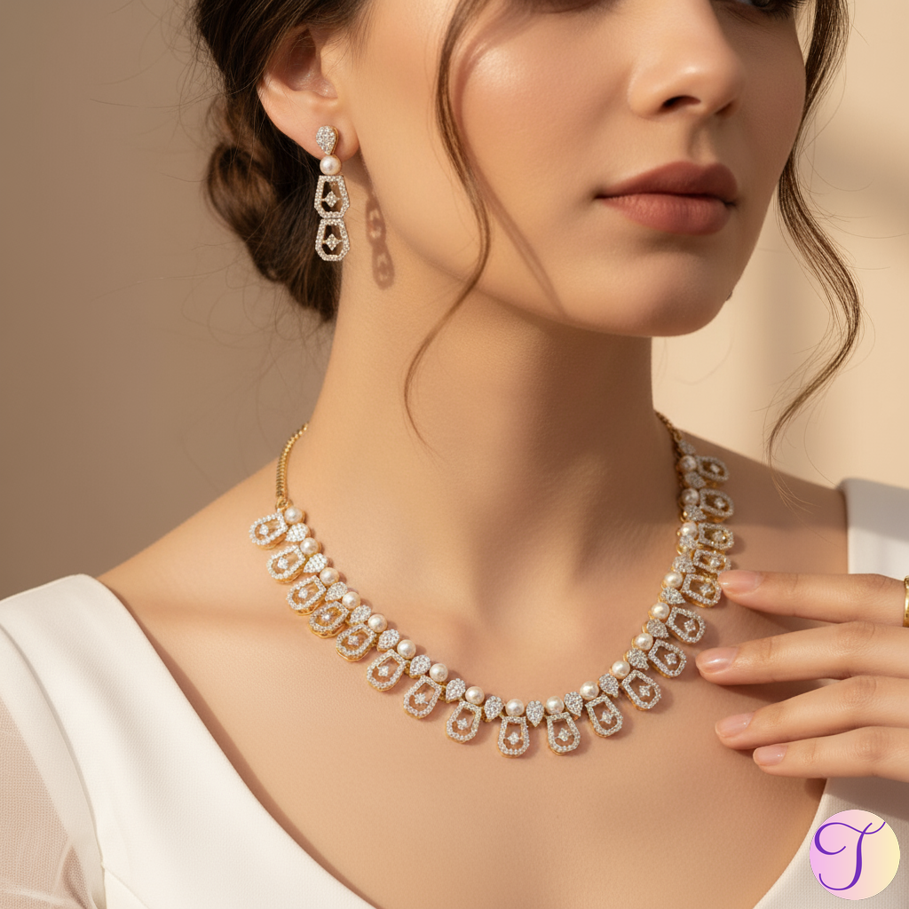 Pearl Eleganza American Diamond Necklace Set