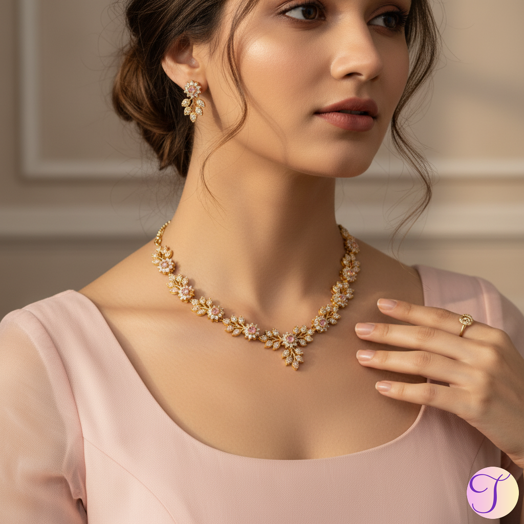 Pink Aura American Diamond Golden Necklace Set (Aqua Pink)