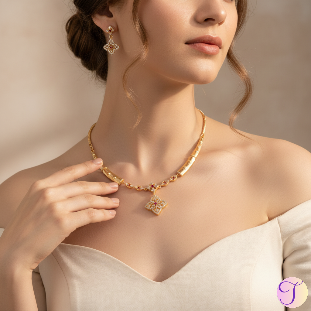 Ruby Cascade American Diamond Golden Necklace Set