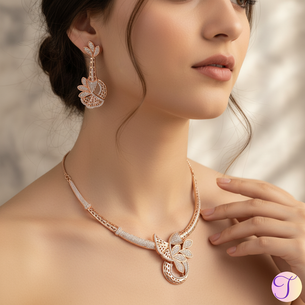 Twilight Blossom American Diamond Golden Necklace Set