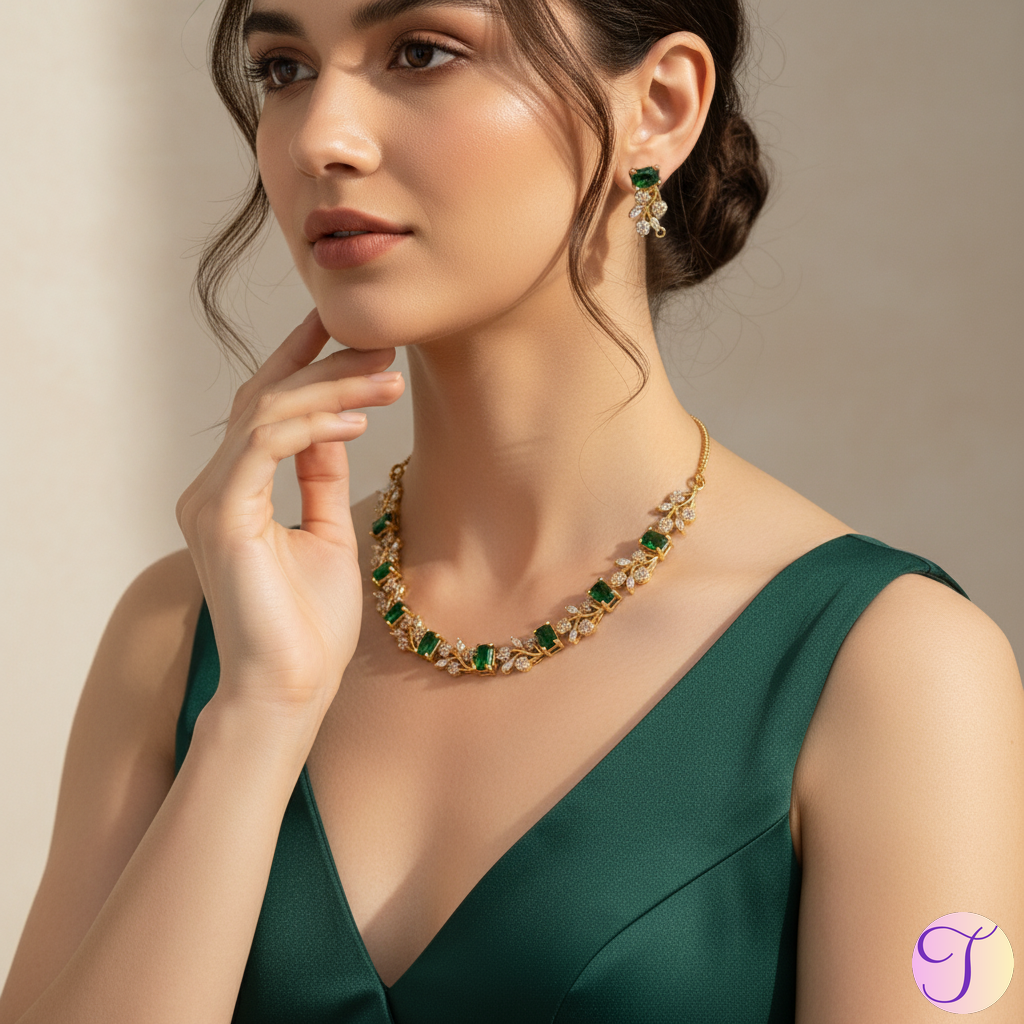 Verdant Marquise American Diamond Golden Necklace Set (Green)