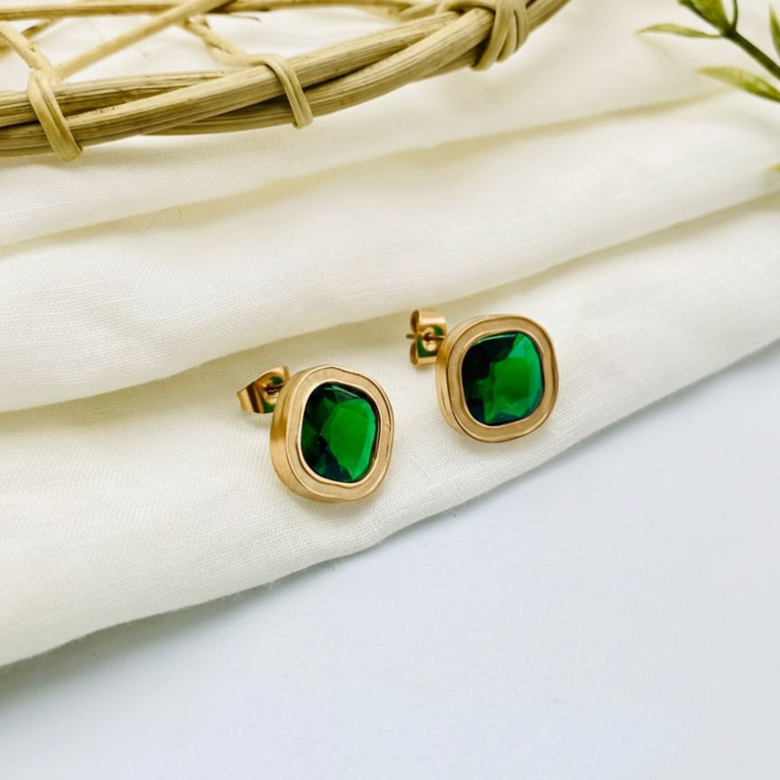 Emerald Glow Anti Tarnish Green Stone Stud Earrings 1