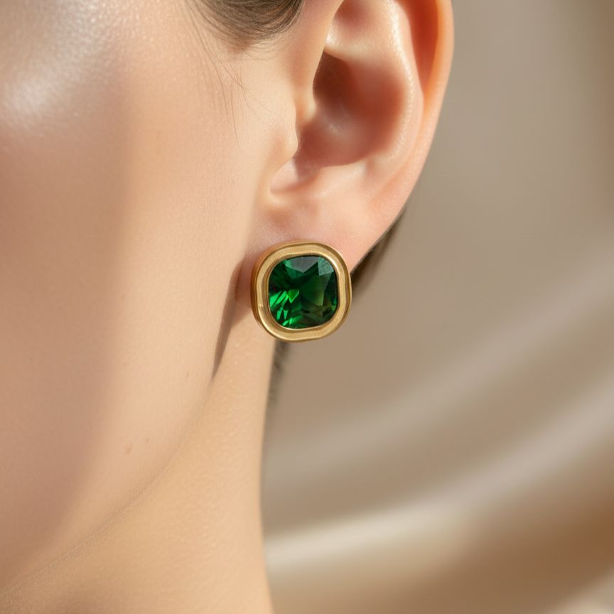 Emerald Glow Anti Tarnish Green Stone Stud Earrings 2